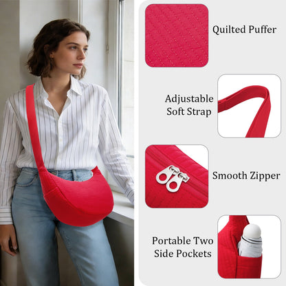 URSOFINE Quilted Puffer Hobo Bag for Women Men - Adjustable Strap Crescent Crossbody Shoulder Bag, Lightweight 2-Zipper Dumpling Casual Handbag with Multiple Pockets (Red)