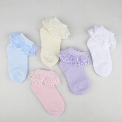 KAWELL 5 Pairs Toddler Baby Girls Ruffle Lace Socks Cotton Frilly Ankle Soft Dress children Princess Socks 2-15T