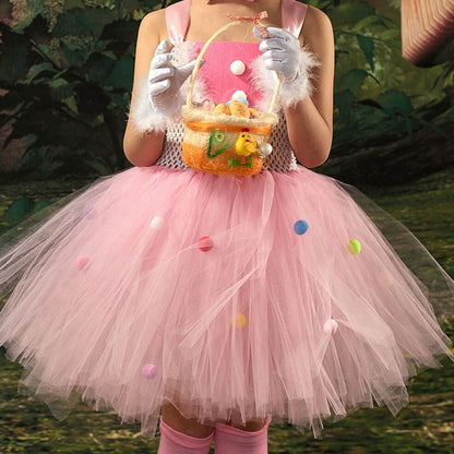 HAWEE Easter Rabbit Dress for Girls Pink Sleeveless Bunny Tutu Tulle Dress Rabbit Costume 5 PCS Kids Birthday Fancy Dress Up