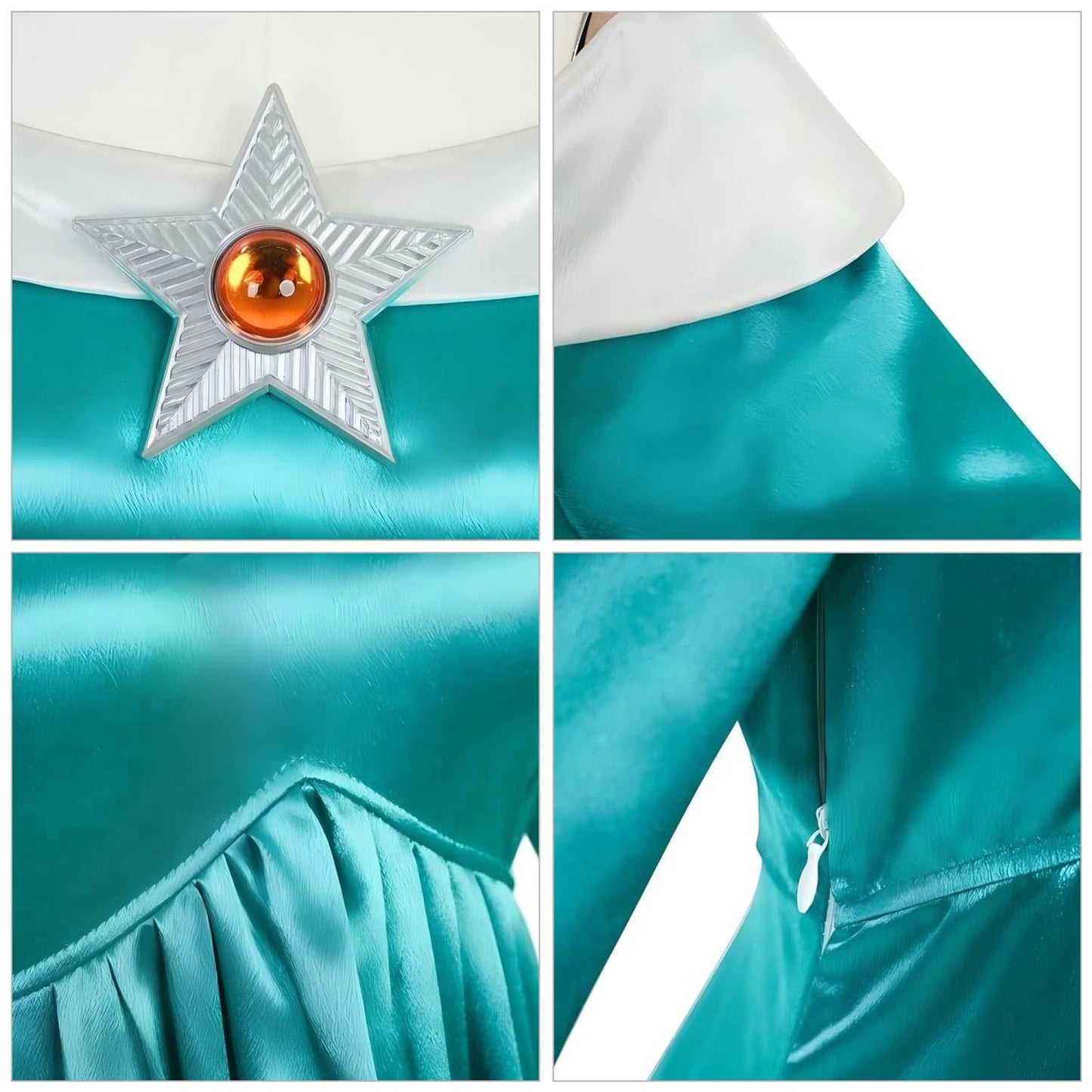 URSOFINE Off-Shoulder Teal Star Princess Dress, Fantasy Satin Gown with Lace Cuffs, Crown Wand for Halloween Party Dress-Up