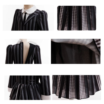 KAWELL Addams Costume for Girls, Academy Uniform Outfits Cosplay with Black Wig, Pleated Skirt Girl's Stripes Suits Sets for Halloween