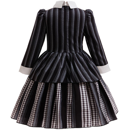KAWELL Addams Costume for Girls, Academy Uniform Outfits Cosplay with Black Wig, Pleated Skirt Girl's Stripes Suits Sets for Halloween