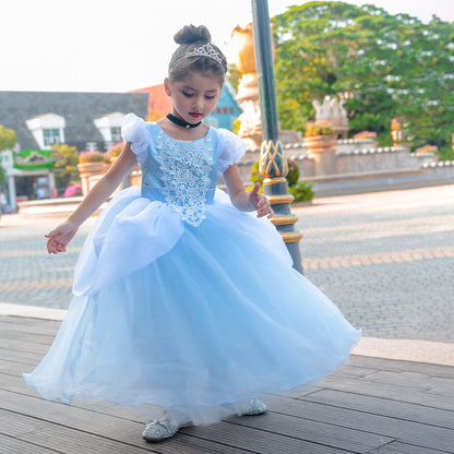 HAWEE Princess Blue Dress for Girls Puffy Sleeve Princess Costume Halloween Cosplay Party Fancy Dress(2-12Y)