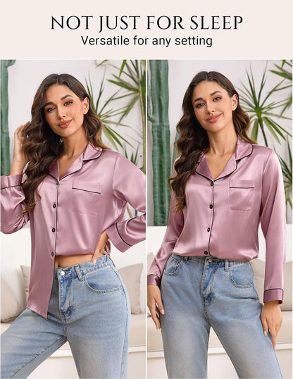 LOEL 100% Mulberry Silk Pajamas Set for Women 2 Piece Silk long Sleeve Sleepwear Pj Set Button Down Loungewear