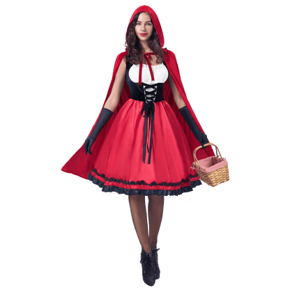 LOEL Women Little Red Riding Hooded Costume with Dress, Cape and Gloves, Adult Women Halloween Costume for Halloween Party Cosplay