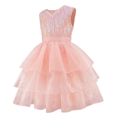 LOEL Girls Pink Ball Gown Witch Dress Princess Dresses Sequin Tulle Dress Wedding Birthday Party Dress Up