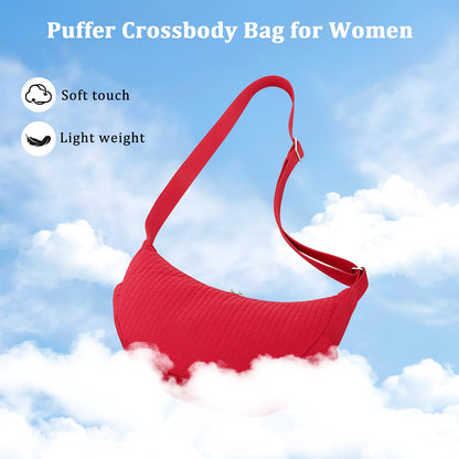 URSOFINE Quilted Puffer Hobo Bag for Women Men - Adjustable Strap Crescent Crossbody Shoulder Bag, Lightweight 2-Zipper Dumpling Casual Handbag with Multiple Pockets (Red)