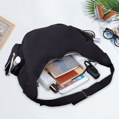 URSOFINE Crescent Crossbody Bag for Women, Lightweight Water-Resistant Nylon Hobo Bag with Multiple Pockets, Adjustable Strap Crescent Moon Bag for Travel, Shopping, Gym (Black)