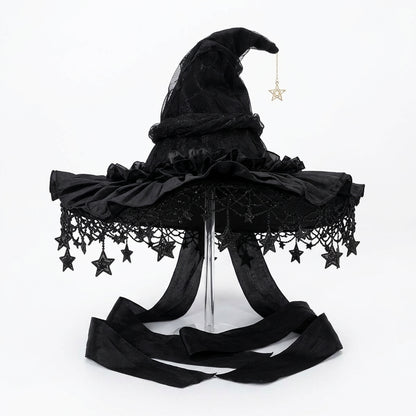 Gothic Black Velvet Witch Hat with Star Charms and Ruffled Lace Trim - main