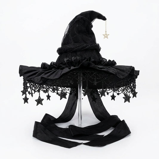 Gothic Black Velvet Witch Hat with Star Charms and Ruffled Lace Trim - main