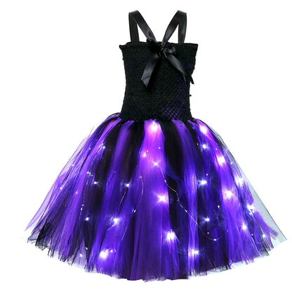 HAWEE Light up Witch Dress Halloween Girls Purple Witch Costume Party Fancy Dress with Hat and Broom