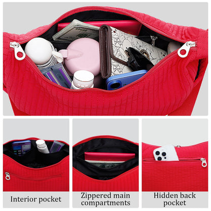 URSOFINE Quilted Puffer Hobo Bag for Women Men - Adjustable Strap Crescent Crossbody Shoulder Bag, Lightweight 2-Zipper Dumpling Casual Handbag with Multiple Pockets (Red)