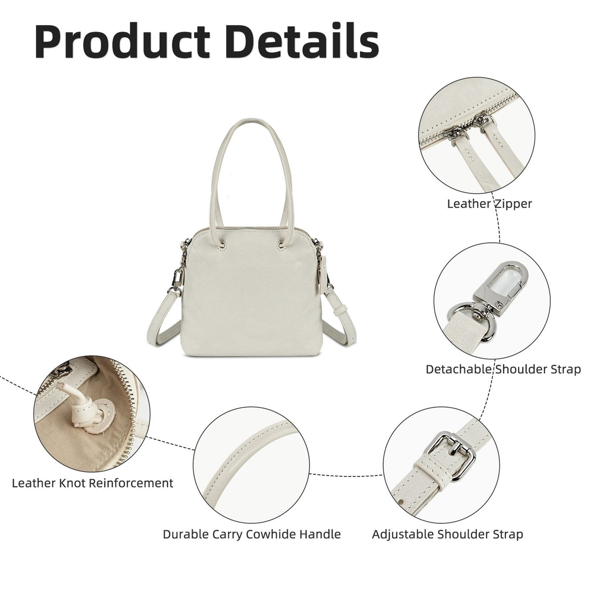 LOEL Genuine Leather Classic Shell Top-Handle Bag for Women - White - view 3
