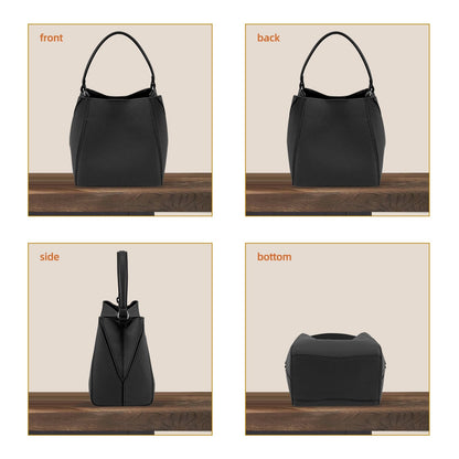 LOEL Lychee-Grain Genuine Leather Mini Bucket Bag for Women - Black - view 3