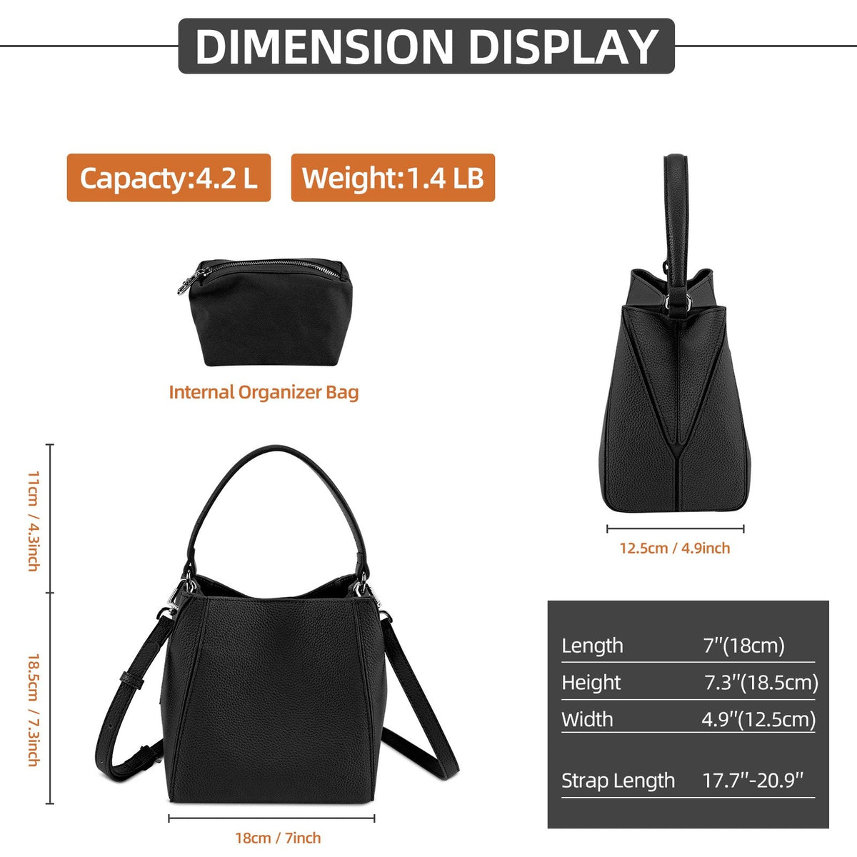 LOEL Lychee-Grain Genuine Leather Mini Bucket Bag for Women - Black - view 4