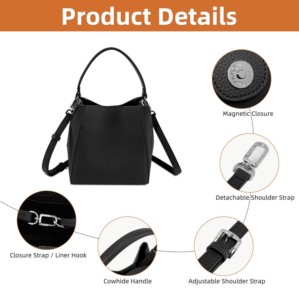 LOEL Lychee-Grain Genuine Leather Mini Bucket Bag for Women - Black - view 5