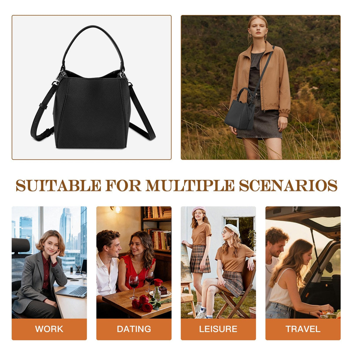 LOEL Lychee-Grain Genuine Leather Mini Bucket Bag for Women - Black - view 7