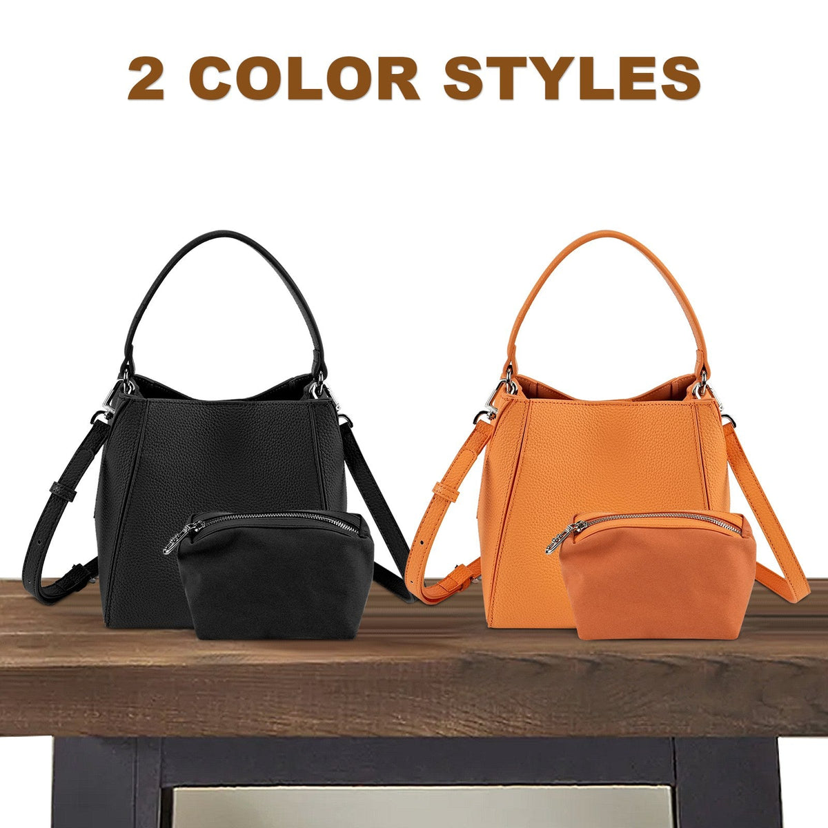 LOEL Lychee-Grain Genuine Leather Mini Bucket Bag for Women - Black - view 8