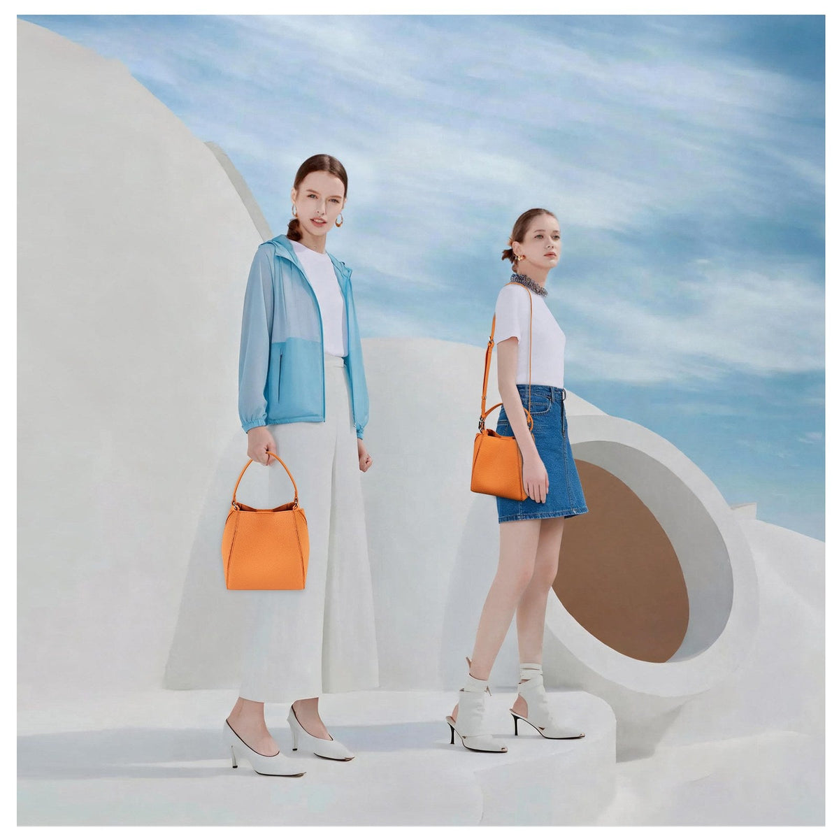 LOEL Lychee-Grain Genuine Leather Mini Bucket Bag for Women - Orange - view 2