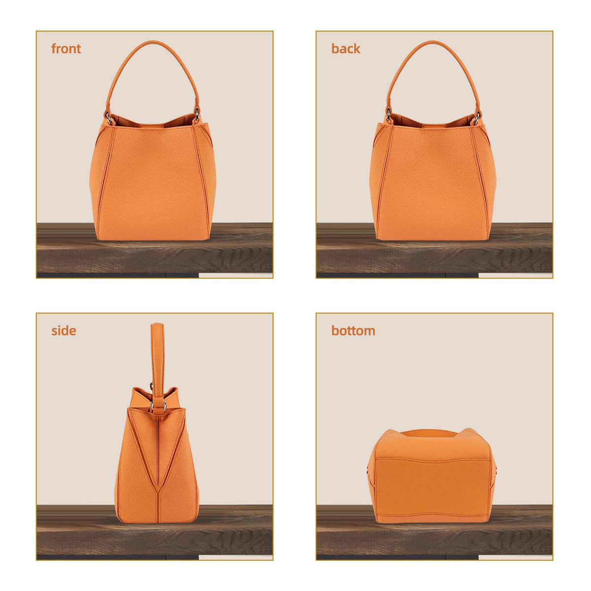 LOEL Lychee-Grain Genuine Leather Mini Bucket Bag for Women - Orange - view 3