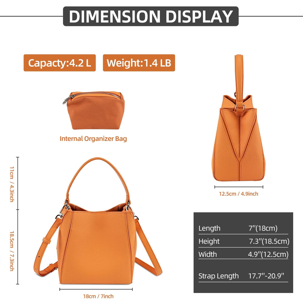 LOEL Lychee-Grain Genuine Leather Mini Bucket Bag for Women - Orange - view 4