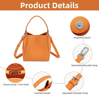 LOEL Lychee-Grain Genuine Leather Mini Bucket Bag for Women - Orange - view 5