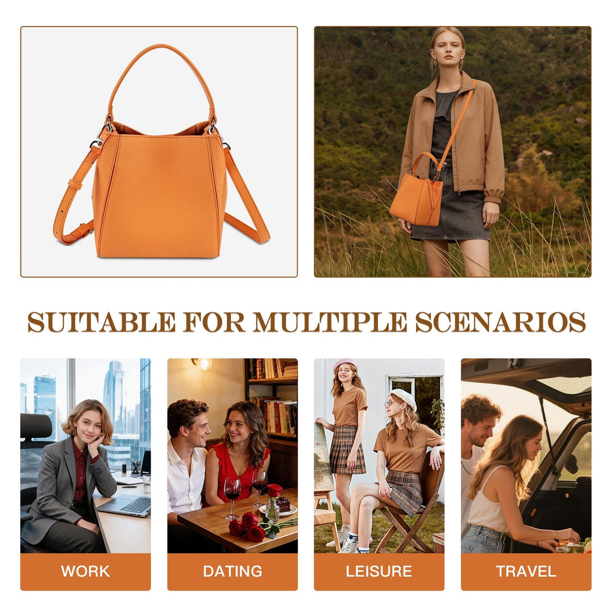 LOEL Lychee-Grain Genuine Leather Mini Bucket Bag for Women - Orange - view 7