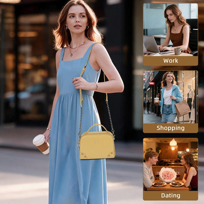 LOEL Genuine Leather Structured Mini Top-Handle Bag for Women - Yellow - view 7