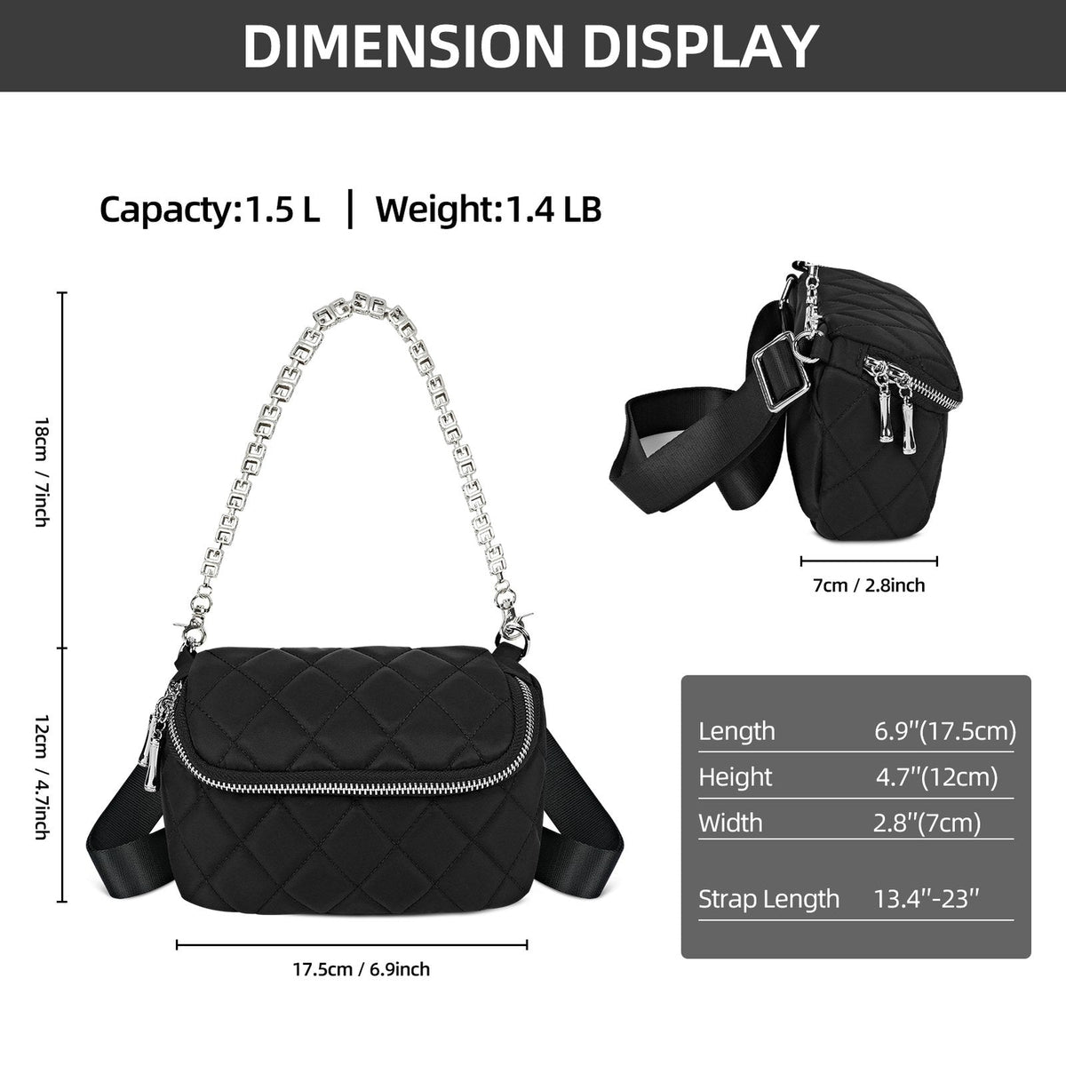 LOEL Quilted Chain Crossbody Chest Bag for Women - Black - view 3