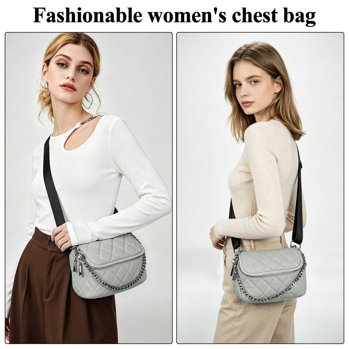 LOEL Quilted Chain Crossbody Chest Bag for Women - Gray - view 2