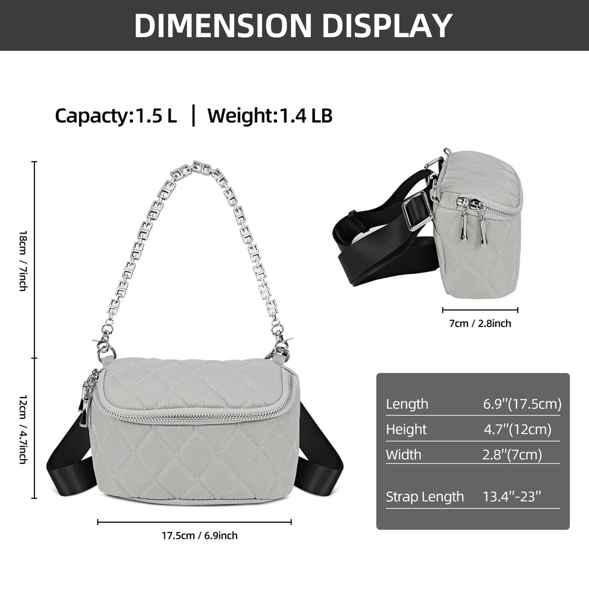 LOEL Quilted Chain Crossbody Chest Bag for Women - Gray - view 3