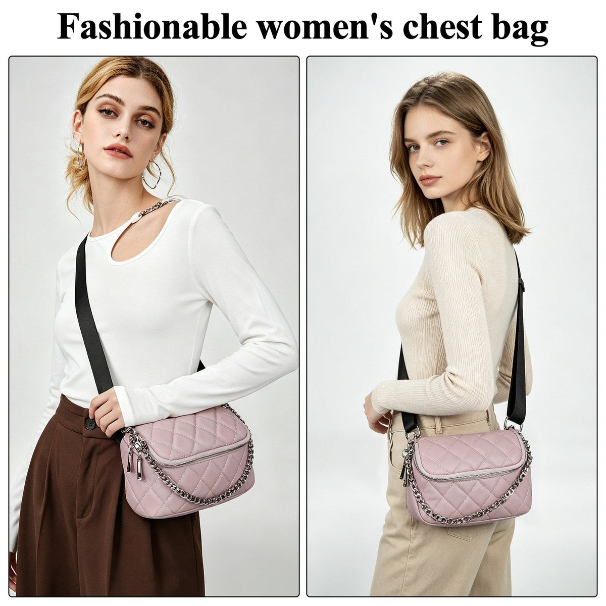 LOEL Quilted Chain Crossbody Chest Bag for Women - Pink - view 2