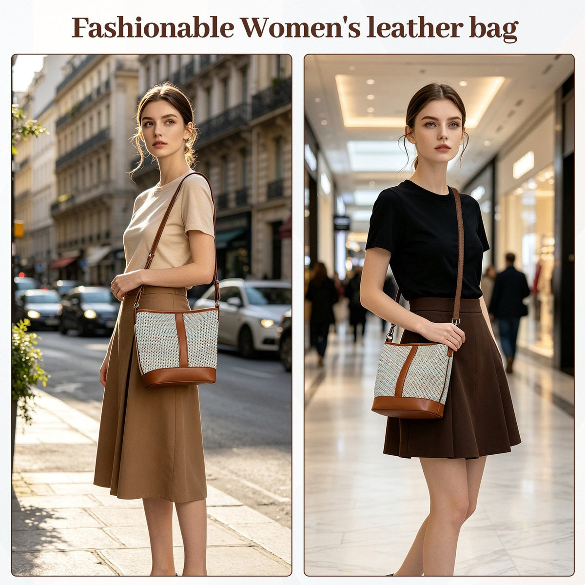 LOEL PU Leather Color-Block Bucket Bag for Women - Beige - view 2