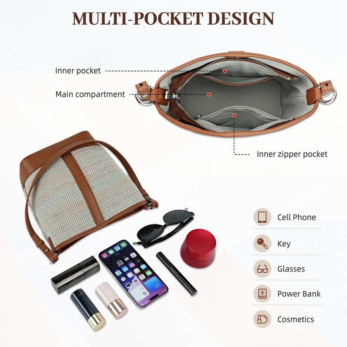 LOEL PU Leather Color-Block Bucket Bag for Women - Beige - view 6