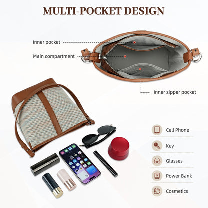 LOEL PU Leather Color-Block Bucket Bag for Women - Beige - view 6