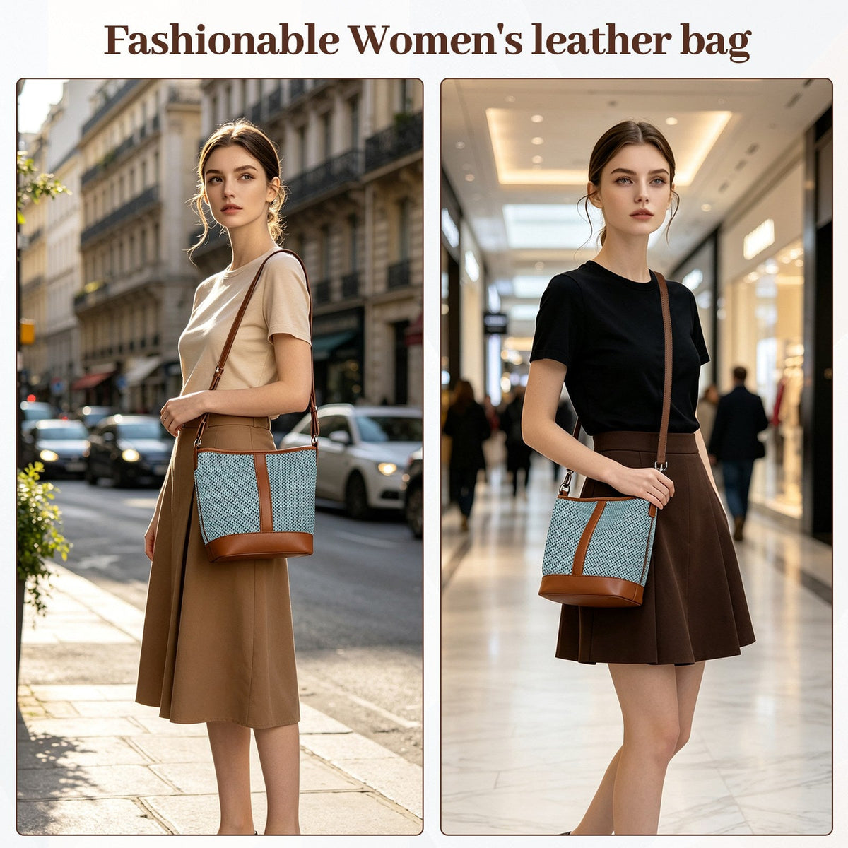 LOEL PU Leather Color-Block Bucket Bag for Women - Blue - view 2