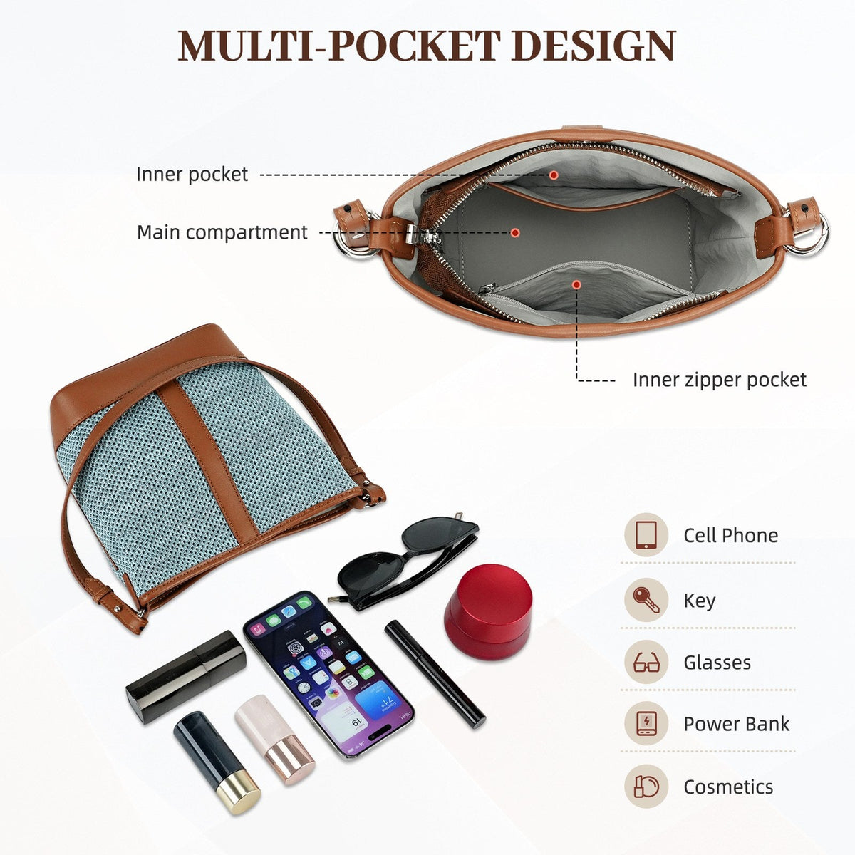 LOEL PU Leather Color-Block Bucket Bag for Women - Blue - view 6