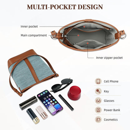 LOEL PU Leather Color-Block Bucket Bag for Women - Blue - view 6