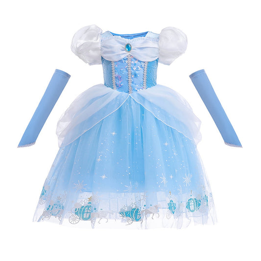 LOEL Cinderella Costume Girl Fancy Costume Princess Dress Halloween Party Role Play with Sleeves
