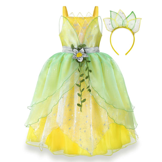 KAWELL Deluxe Princess Tiana Costumes Little Girls Dress Kids Fancy Gown Cosplay Halloween Party