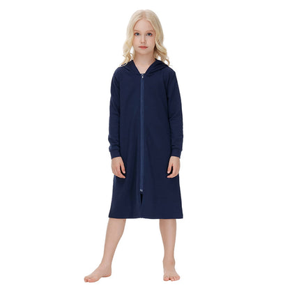 Girls Zipper Front Robes Long Sleeve Hooded Housecoat Long Housedress Loose Bathrobes Comfy Pajama Sleepwear