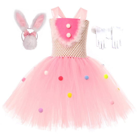 HAWEE Easter Rabbit Dress for Girls Pink Sleeveless Bunny Tutu Tulle Dress Rabbit Costume 5 PCS Kids Birthday Fancy Dress Up