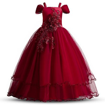 HAWEE Flower Girls Dresses Big Girls Off Shoulder Embroidered Puffy Dress Piano Costume Wedding Bridesmaid Princess Long Full Dress, Sizes 5-13Y