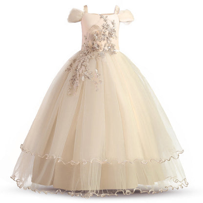 HAWEE Flower Girls Dresses Big Girls Off Shoulder Embroidered Puffy Dress Piano Costume Wedding Bridesmaid Princess Long Full Dress, Sizes 5-13Y