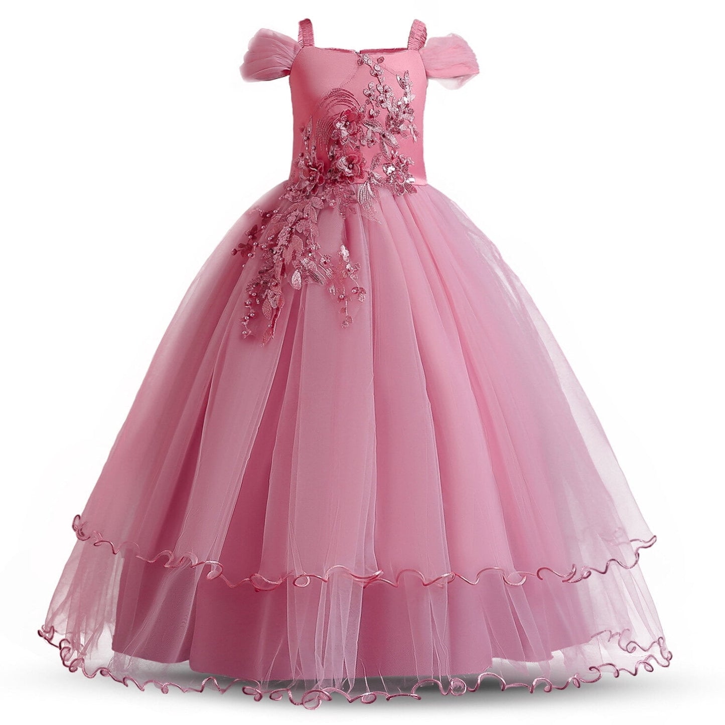 HAWEE Flower Girls Dresses Big Girls Off Shoulder Embroidered Puffy Dress Piano Costume Wedding Bridesmaid Princess Long Full Dress, Sizes 5-13Y