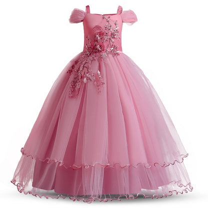 HAWEE Flower Girls Dresses Big Girls Off Shoulder Embroidered Puffy Dress Piano Costume Wedding Bridesmaid Princess Long Full Dress, Sizes 5-13Y