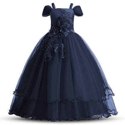 HAWEE Flower Girls Dresses Big Girls Off Shoulder Embroidered Puffy Dress Piano Costume Wedding Bridesmaid Princess Long Full Dress, Sizes 5-13Y