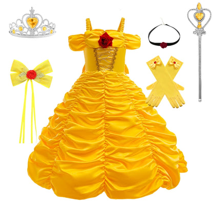 HAWEE Yellow Princess Dress for Girls Off Shoulder Layered Dress Up Halloween Birthday Cosplay Costume