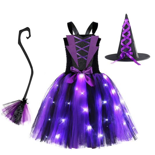 HAWEE Light up Witch Dress Halloween Girls Purple Witch Costume Party Fancy Dress with Hat and Broom