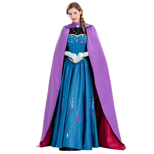 HAWEE Women Princess Costume Cosplay Anna Dress Up Halloween Deluxe Gown Outfit with Cloak, Gloves